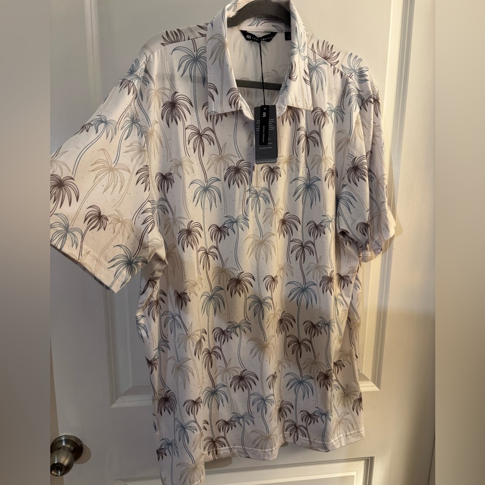 Men's Travis Mathew Cream Palm-Print Short Sleeve Golf Shirt Sz 2XL NWT